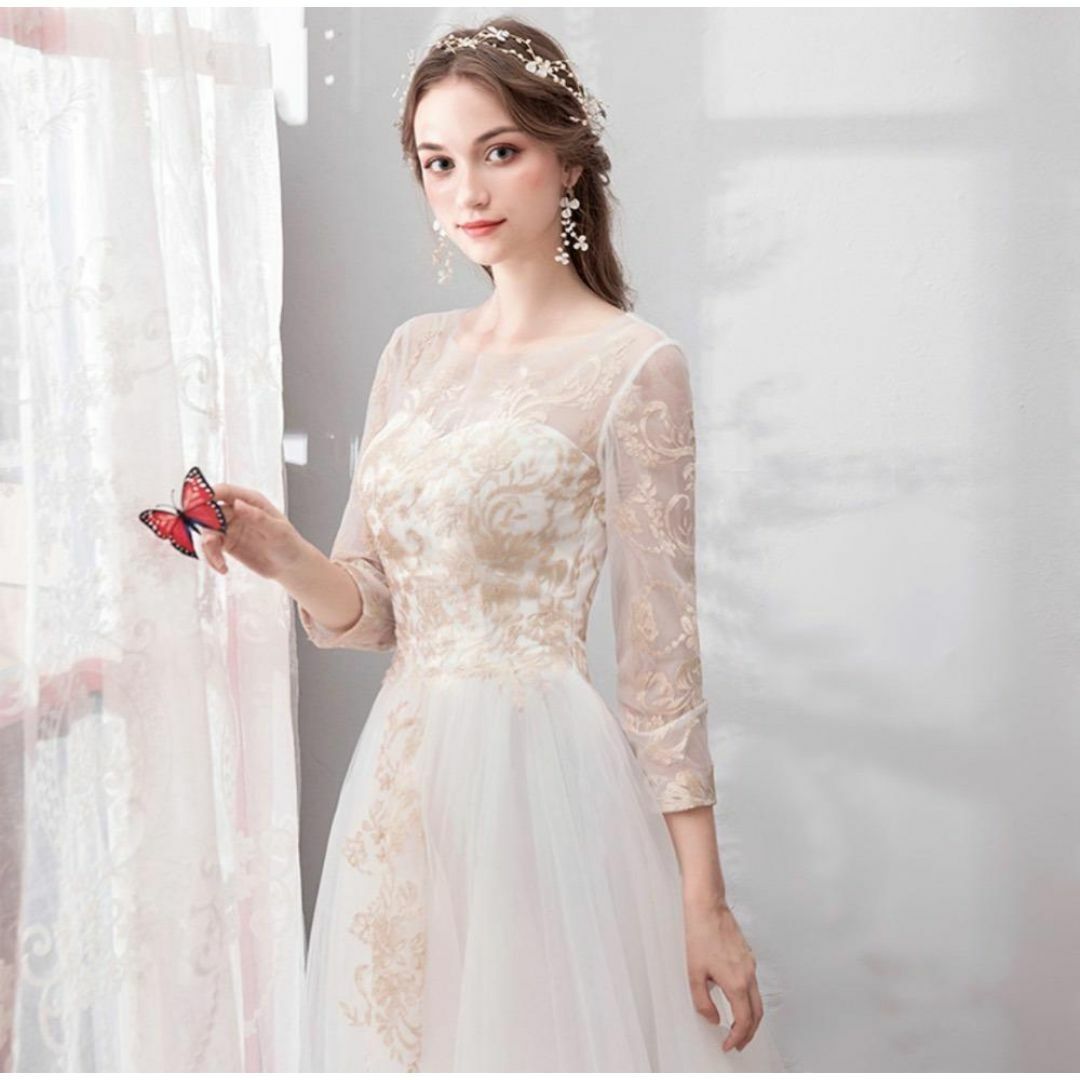 ライトウェディングドレス✨　結婚式　レディース　ホワイト　レトロ　ドレス　花柄 レディースのフォーマル/ドレス(ウェディングドレス)の商品写真