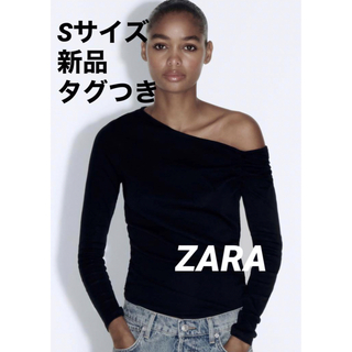 ZARA - 【完売品】ZARA ギャザーTシャツ　黒　Sサイズ　新品未使用タグつき