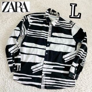 ZARA - 大人気★ZARA ザラ長袖シャツ　総柄シャツ　個性柄　ゆったり　白　黒　Lサイズ