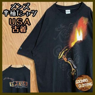 メンズ ブラック Tシャツ USA古着 90s 半袖 L プリント ロゴ 黒(Tシャツ/カットソー(半袖/袖なし))