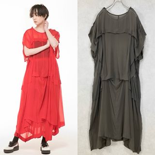 LIMI feu - LIMI feu 製品染シフォン タックドレス カーキS