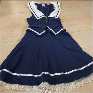 アクシーズファムキッズ(axes femme kids)のアクシーズファム　紺　レース　リボン　半袖　ワンピース  150(ワンピース)