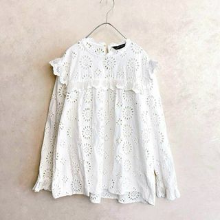 ZARA WOMEN 総刺繍　カットワーク　トップス　長袖　花柄　フリル　白　L(シャツ/ブラウス(長袖/七分))