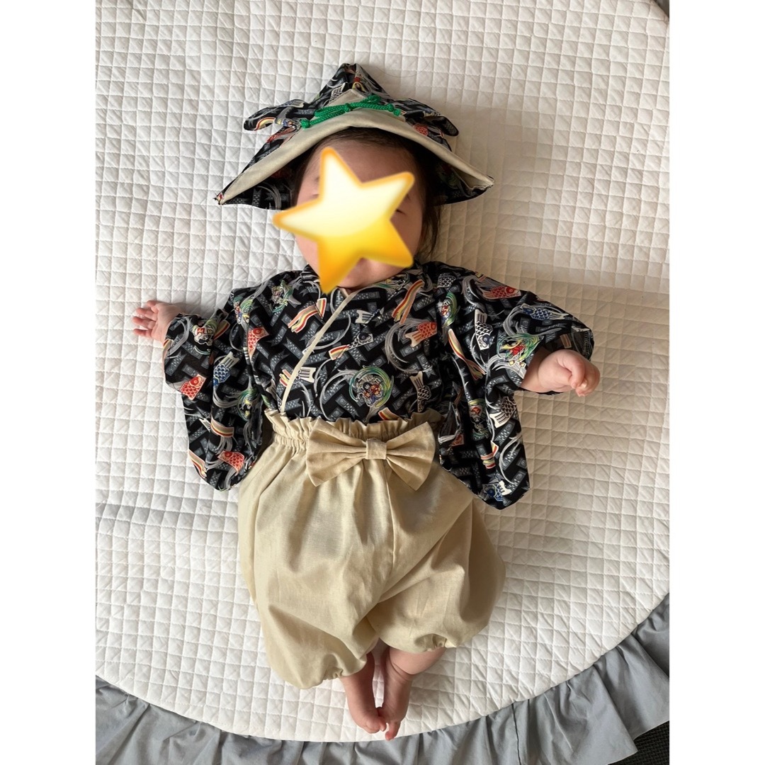 ハンドメイド　ベビー袴かぶれる兜セット　70サイズ キッズ/ベビー/マタニティのベビー服(~85cm)(和服/着物)の商品写真