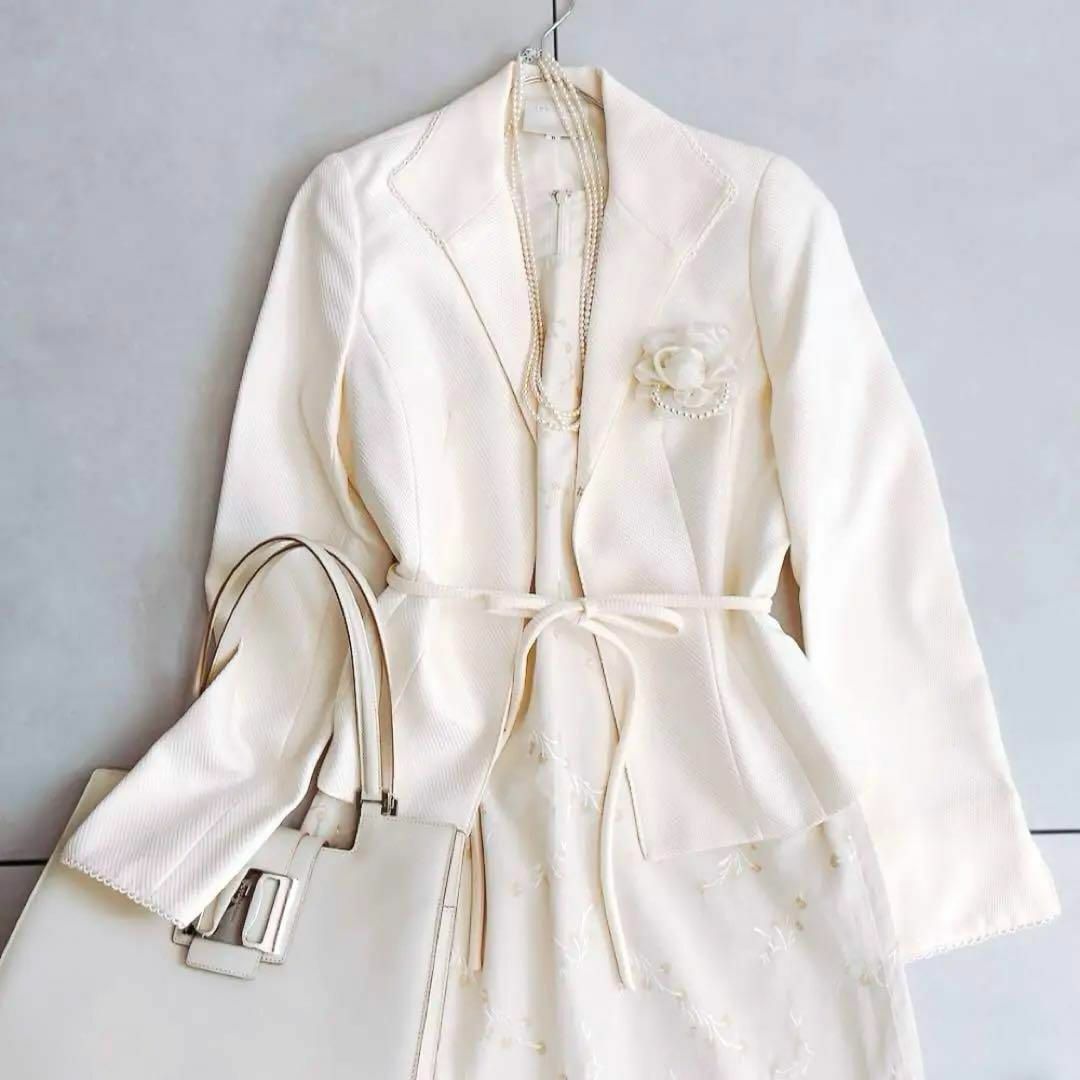 美品✨EMMAJAMES フォーマル　ジャケット　ワンピース　刺繍　ベルト　L レディースのフォーマル/ドレス(スーツ)の商品写真