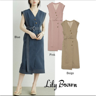 Lily Brown - Lilly Brown リリーブラウン ベルト付きステッチワンピース　ベージュ