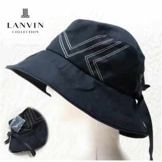 LANVIN COLLECTION - 新品【ランバンコレクション】リボンロゴ サマーハット 黒 S-M サイズ調節可