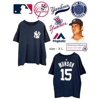 マジェスティック(Majestic)のMLB　ヤンキース　Munson　永久欠番15　Tシャツ　XL　紺　USA古着(Tシャツ/カットソー(半袖/袖なし))