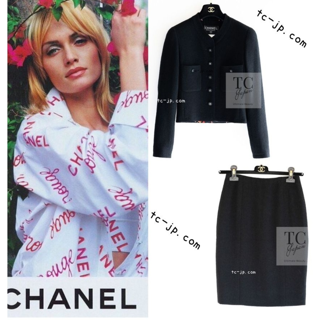 CHANEL(シャネル)のシャネル スーツ CHANEL 貴重 レア ブラック ルージュ レッド ピンク ロゴ ツイード ジャケット スカート 超美品 34 レディースのフォーマル/ドレス(スーツ)の商品写真