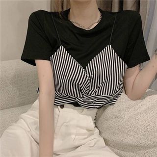 フェイクレイヤード 半袖 Tシャツ　レイヤード ビスチェ ストライプ 半袖(Tシャツ(半袖/袖なし))