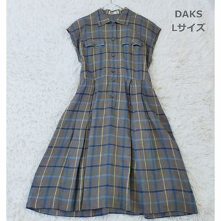 ダックス(DAKS)のDAKS リネン100％ シャツワンピース チェック グレー 麻 Lサイズ(ロングワンピース/マキシワンピース)