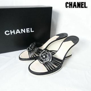 良品 綺麗 CHANEL カメリア レザー ウェッジソール サンダル ミュール