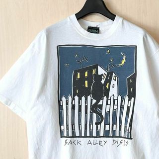 ヴィンテージ(VINTAGE)の90s古着　ヴィンテージ　カナダ製　Tシャツ　月夜でたたずむ黒猫　アート(Tシャツ/カットソー(半袖/袖なし))