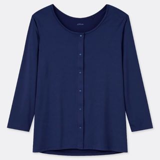 UNIQLO - 未使用 ユニクロ エアリズム 前あきUネックTシャツ（8分袖） ネイビー 紺 S