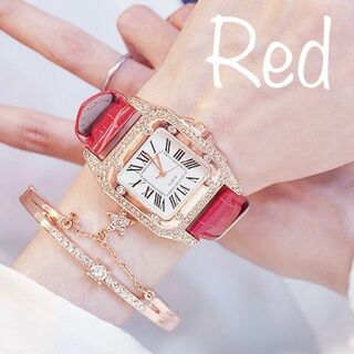 新品 レディース腕時計  ローマ数字 四角い スワロフスキーキラキラ ［赤(腕時計)