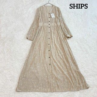 シップス(SHIPS)の新品タグ付✨SHIPS 花柄 シャツワンピース Vネック ギャザー ベージュ(ロングワンピース/マキシワンピース)