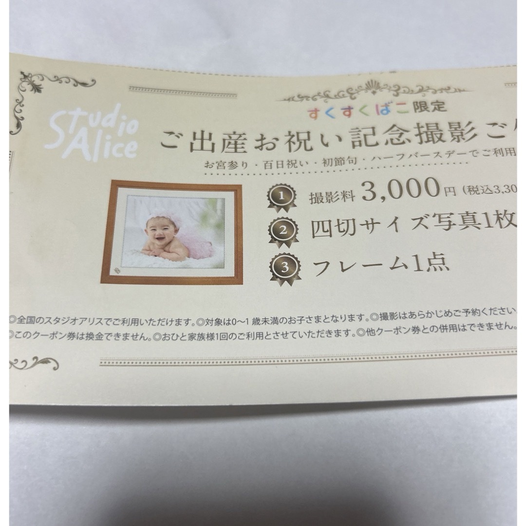 スタジオアリス　すくすくばこ限定出産お祝い記念写真撮影券 キッズ/ベビー/マタニティのキッズ/ベビー/マタニティ その他(その他)の商品写真