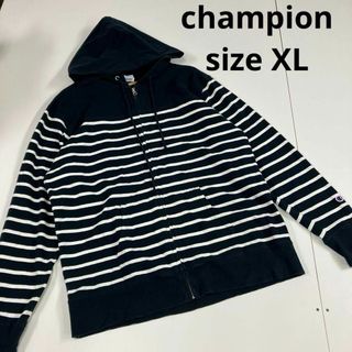 チャンピオン(Champion)のchampion パーカー　ジップアップ　ボーダー　古着　XL(パーカー)