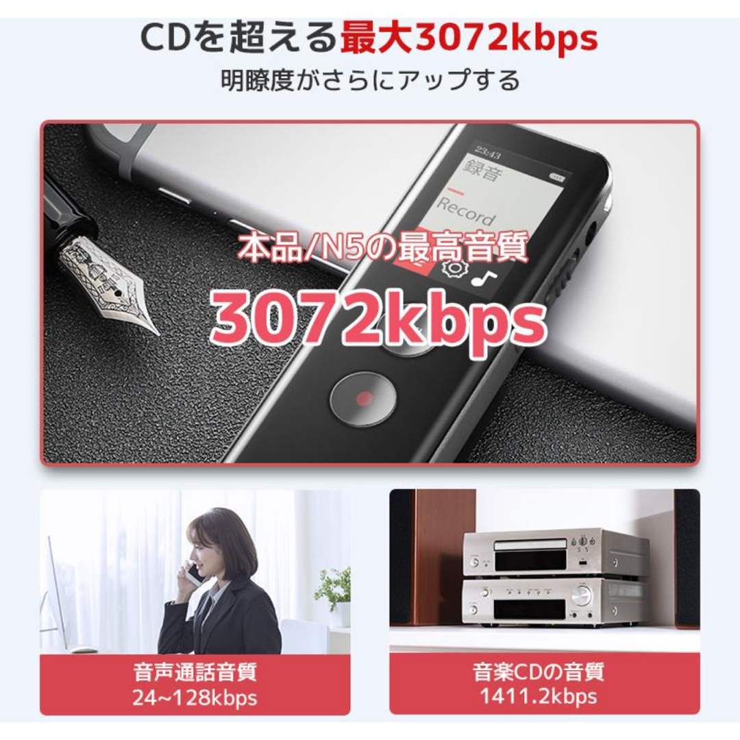 ボイスレコーダー icレコーダー 64GB 録音機 ワンタッチ録音 大容量 スマホ/家電/カメラのオーディオ機器(その他)の商品写真