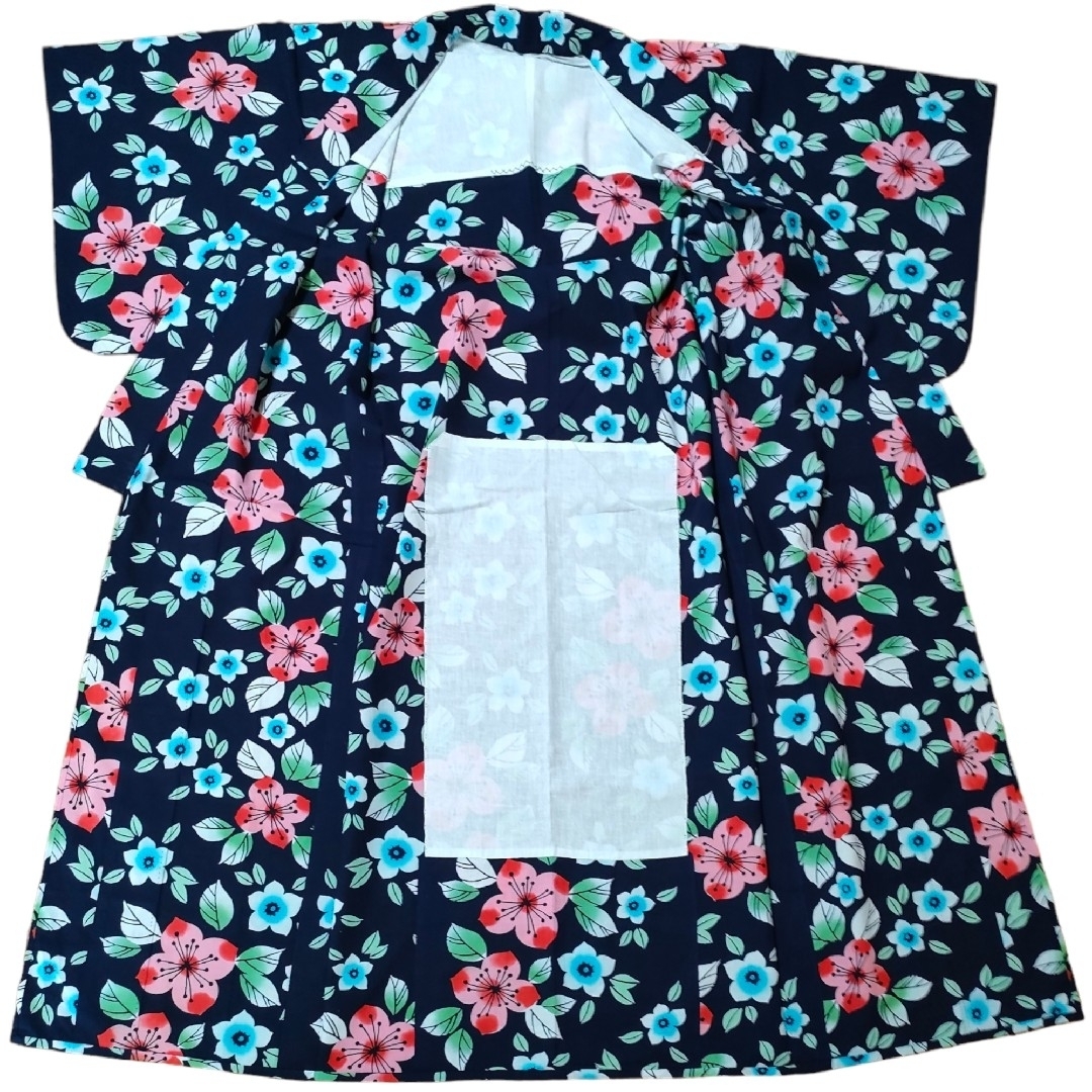 浴衣ゆかたMサイズ抽象的な花柄フラワー注染レトロ綿コーマ紺地ピンク水色 レディースの水着/浴衣(浴衣)の商品写真