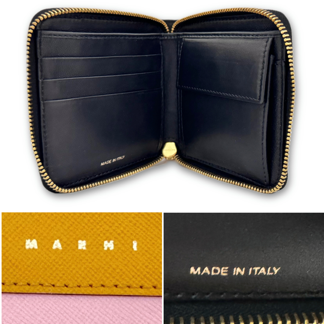 Marni(マルニ)の新品マルニMARNIレザーラウンドファスナー二つ折り財布黄色×ネイビー レディースのファッション小物(財布)の商品写真