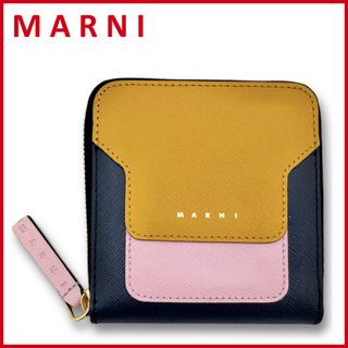 マルニ(Marni)の新品マルニMARNIレザーラウンドファスナー二つ折り財布黄色×ネイビー(財布)