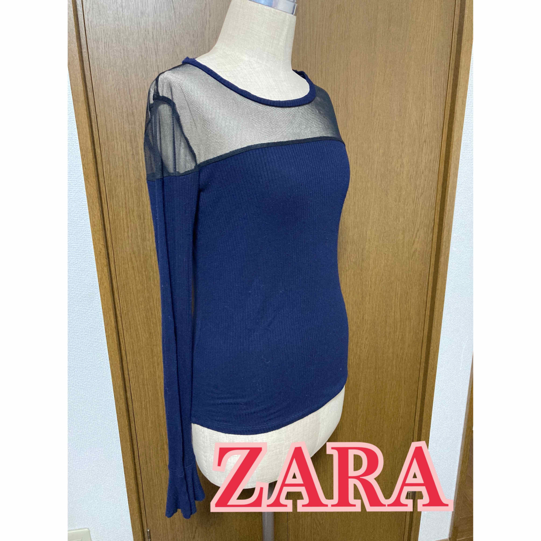 ZARA(ザラ)のZARA シースルートップス紺 M レディースのトップス(カットソー(長袖/七分))の商品写真
