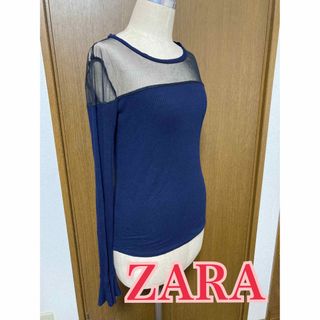 ザラ(ZARA)のZARA シースルートップス紺 M(カットソー(長袖/七分))