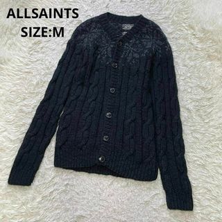 オールセインツ(All Saints)のALLSAINTS HAND KNIT ケーブルニットカーディガン M ブラック(カーディガン)