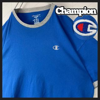 チャンピオン(Champion)のチャンピオン リンガーネック Tシャツ オーバーサイズ 刺繍ロゴ 青 USA古着(Tシャツ/カットソー(半袖/袖なし))