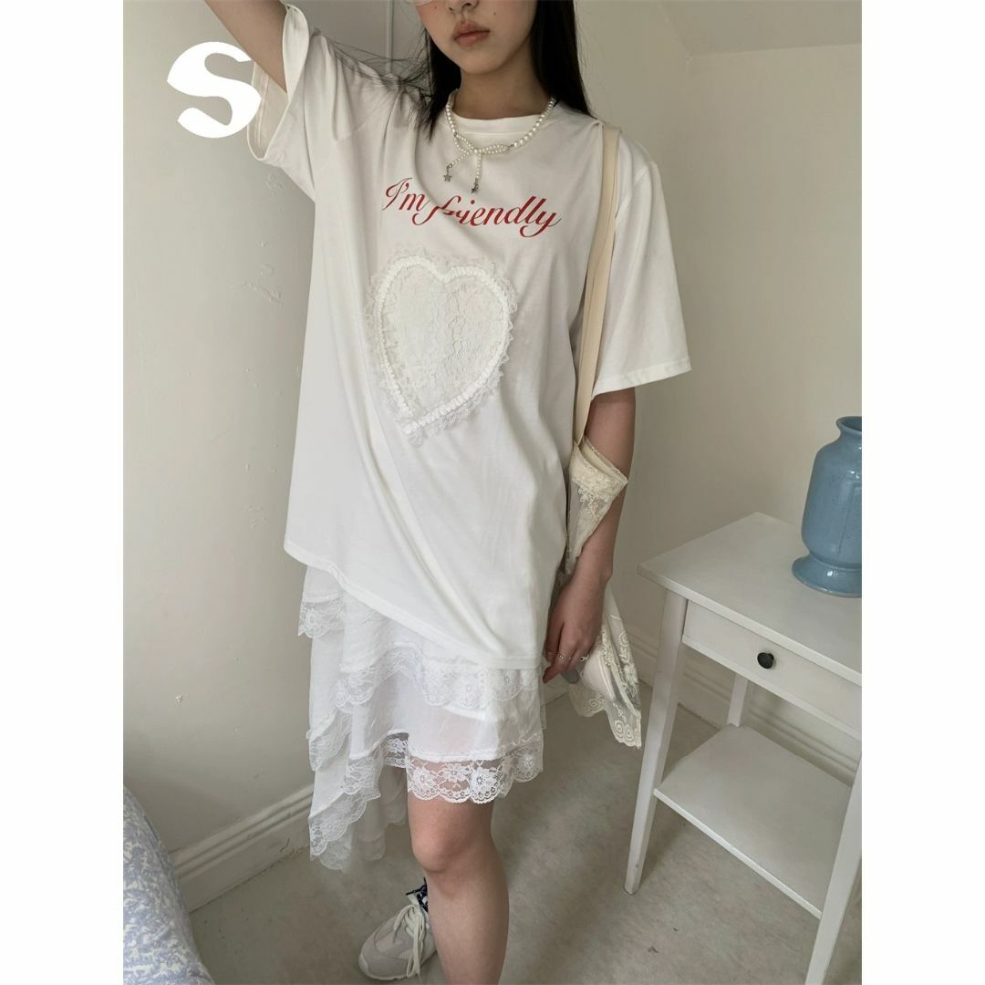 épine(エピヌ)のSleep at 11 ビッグ Tシャツ ハートモチーフ レース ホワイト ロゴ レディースのトップス(Tシャツ(半袖/袖なし))の商品写真