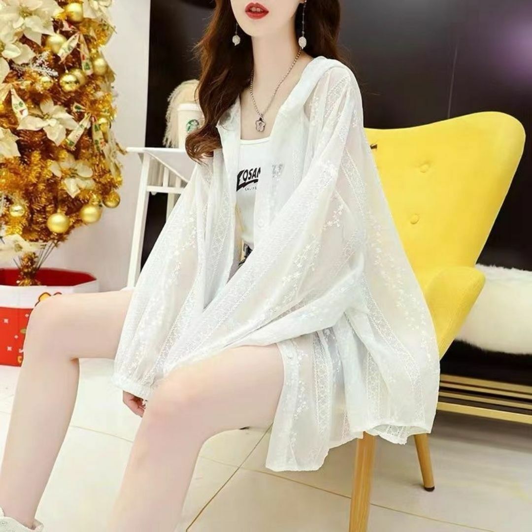 オーバーサイズ シアー カーディガン 韓国 透け感 フード 白 ホワイト M レディースのトップス(カーディガン)の商品写真