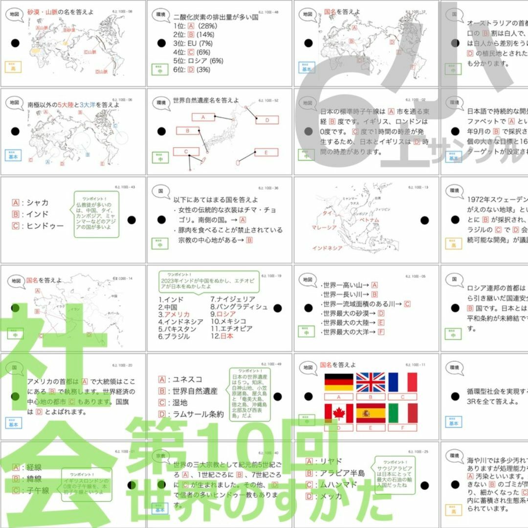 中学受験 暗記カード【6年上 社会 10-17回】予習シリーズ 組分け エンタメ/ホビーの本(語学/参考書)の商品写真