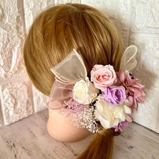 髪飾りウェディング成人式ヘッドドレス花飾りバラ薔薇ドライフラワー♡ヘアパーツ(ヘッドドレス/ドレス)