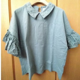 POPPY コットンレースドッキングTシャツ　ブルー(Tシャツ(半袖/袖なし))