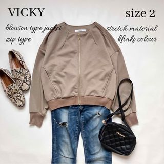 VICKY - ◆美品◆VICKY◆ストレッチ薄手ノーカラージャケット◆カーキ◆アウター◆M