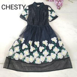 Chesty - CHESTYチュールx裏地デニム花柄刺繍 フレアーワンピース ブラック 0サイズ