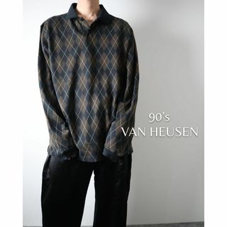 90s VAN HEUSEN アーガイル柄 ルーズ 長袖ポロシャツ ニットシャツ