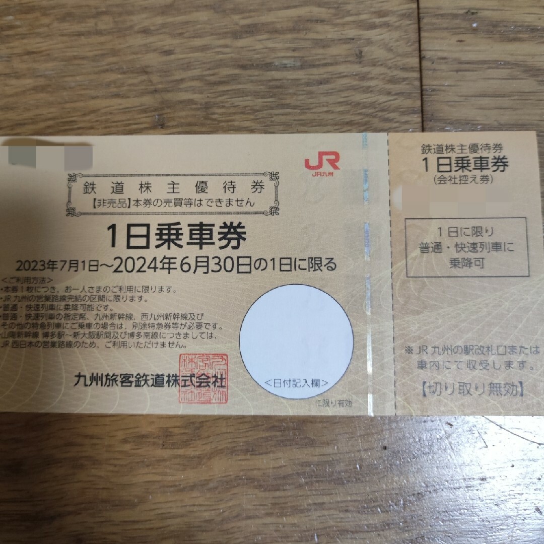 JR九州　鉄道株主優待券　１日乗車券(24年6月期限) チケットの乗車券/交通券(鉄道乗車券)の商品写真