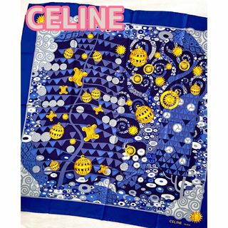 セリーヌ(celine)のCELINE シルク100% 大判スカーフ　ブルー系　マカダム型オーナメント柄(バンダナ/スカーフ)