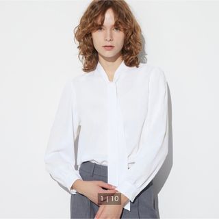 ユニクロ(UNIQLO)のUNIQLO レーヨン ボウタイブラウス　ホワイト(シャツ/ブラウス(長袖/七分))