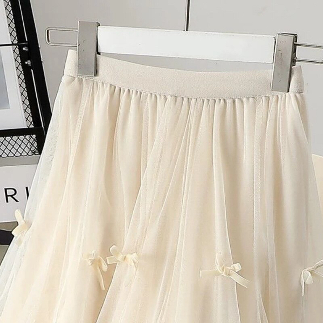 ガーリー チュール シンプルミモレ丈 リボン フレア スカート ホワイト S レディースのスカート(ロングスカート)の商品写真