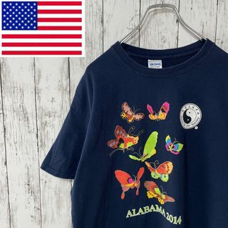 GILDAN アメリカ古着 ビッグプリントバタフライTシャツ 紺 道家太極メンズ(Tシャツ/カットソー(半袖/袖なし))