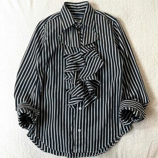 ラルフローレン(Ralph Lauren)の美品 ラルフローレン フリル ストライプシャツ ブラウス 黒 ブラック 長袖(シャツ/ブラウス(長袖/七分))