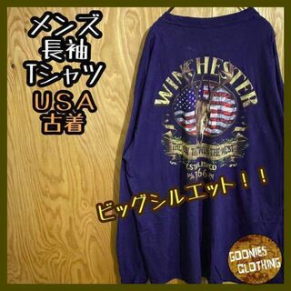 メンズ 鹿 アニマル 長袖 Tシャツ ビッグサイズ XL USA古着 ネイビー(Tシャツ/カットソー(七分/長袖))