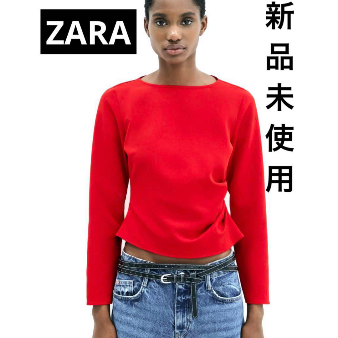 ZARA(ザラ)の新品未使用　ZARA ザラ　レッド　赤　ブラウス　クロップド丈　ドレープ　XL レディースのトップス(シャツ/ブラウス(長袖/七分))の商品写真