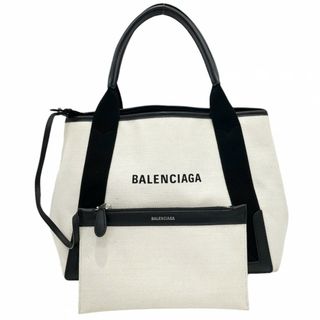 バレンシアガ(Balenciaga)の【在庫一掃】BALENCIAGA バレンシアガ ハンドバッグ ネイビーカバスS トートバッグ ポーチ付き かばん 鞄 339933 キャンバス  カーフスキン   オフホワイト ブラック 黒 シルバー金具 レディース【中古品】(ハンドバッグ)