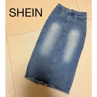 シーイン(SHEIN)の試着のみ SHEIN ウォッシュド 擦り付け柄ヘム デニムスカート Sサイズ(ロングスカート)