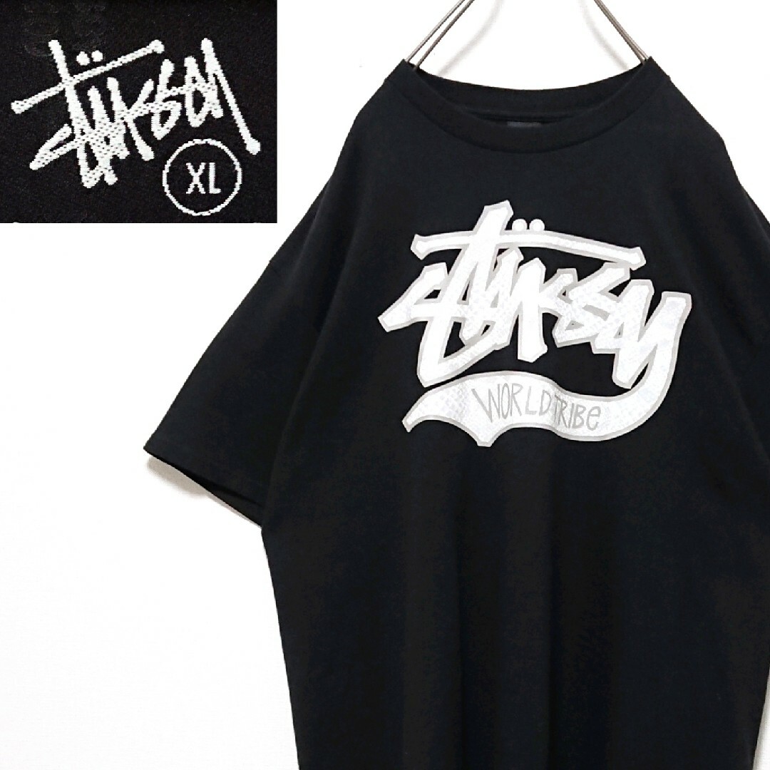 STUSSY(ステューシー)の美品 希少 ステューシー フロント ロゴ XL ブラック 半袖 Tシャツ メンズのトップス(Tシャツ/カットソー(半袖/袖なし))の商品写真