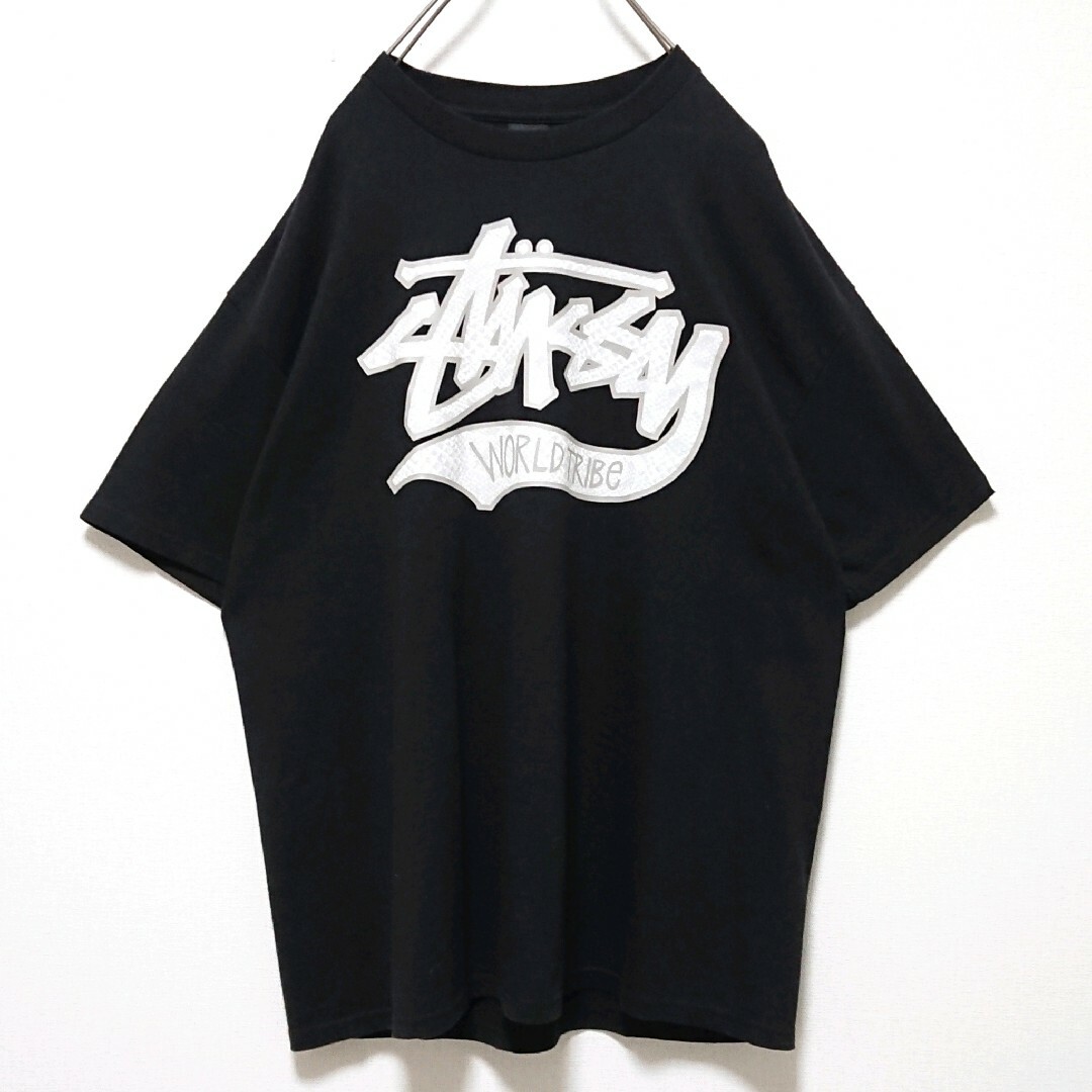 STUSSY(ステューシー)の美品 希少 ステューシー フロント ロゴ XL ブラック 半袖 Tシャツ メンズのトップス(Tシャツ/カットソー(半袖/袖なし))の商品写真
